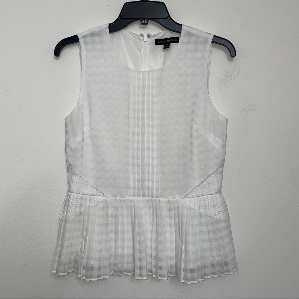 BANANA REPUBLIC | White Gingham Check Print Pleated Crew Peplum Blouse